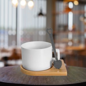 Taza tipo Té 8oz , base madera con cuchara de metal
