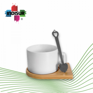 Taza tipo Té 8oz , base madera con cuchara de metal